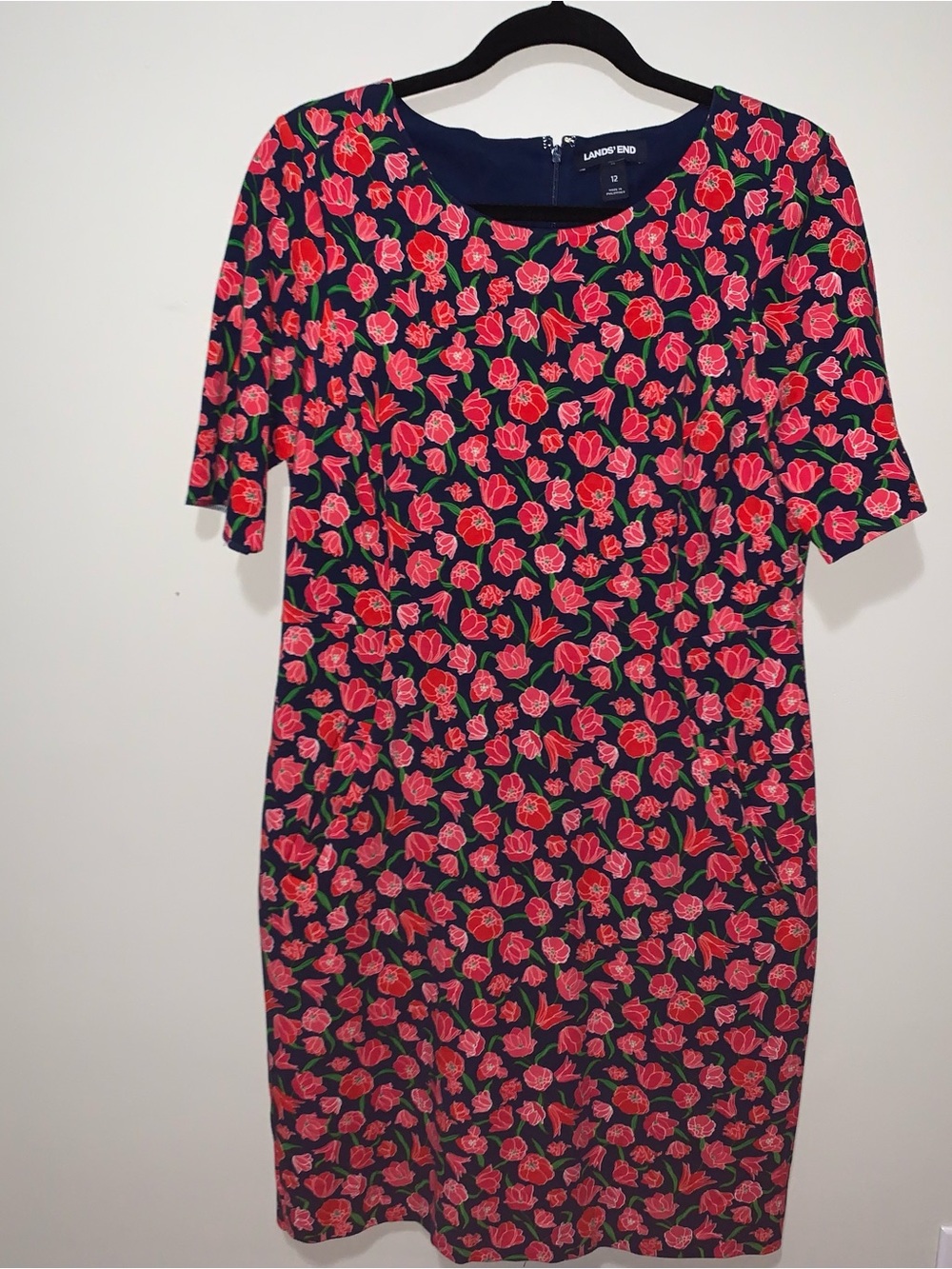 Lands' End Navy Midi Dress with Pink Floral Tulips